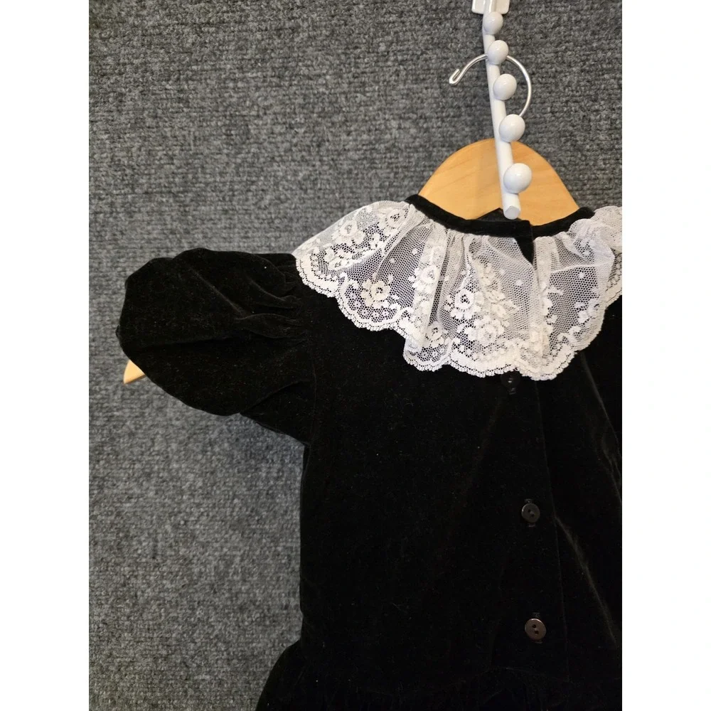 Vtg Jo Lene Dress Girls 4T Black Velvet Lace Collar Puff Sleeve‎ Party USA